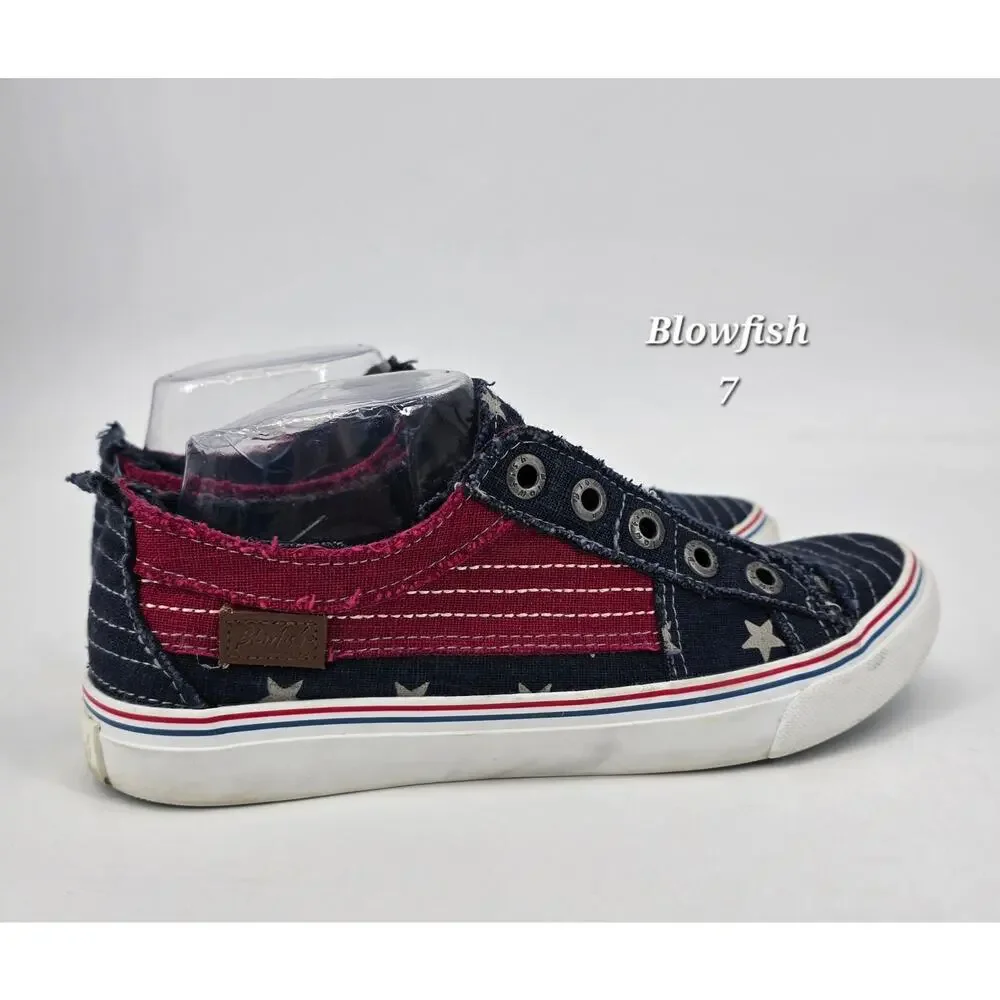 Blowfish Malibu Play Sneaker‎ Women 7 Americana Stars Stripes Slip On Distressed